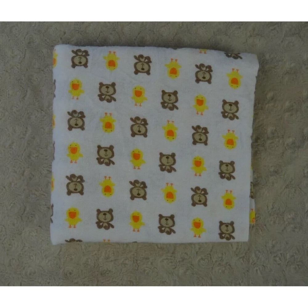 Teddy Bear & Duck Baby Receiving Blanket Yellow White Tan Brown Orange Flannel